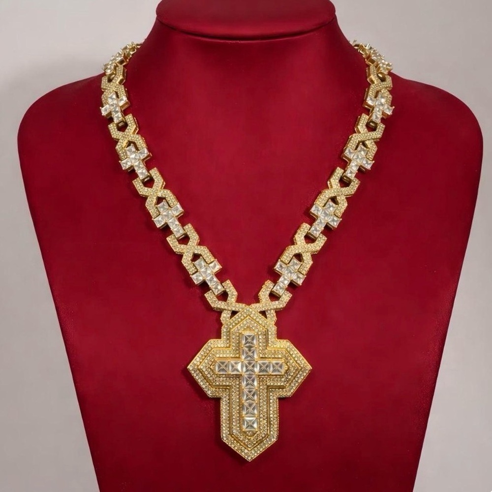 Gold Cross Pendant Necklace with Crystal Accents - men Jewelry 20inch